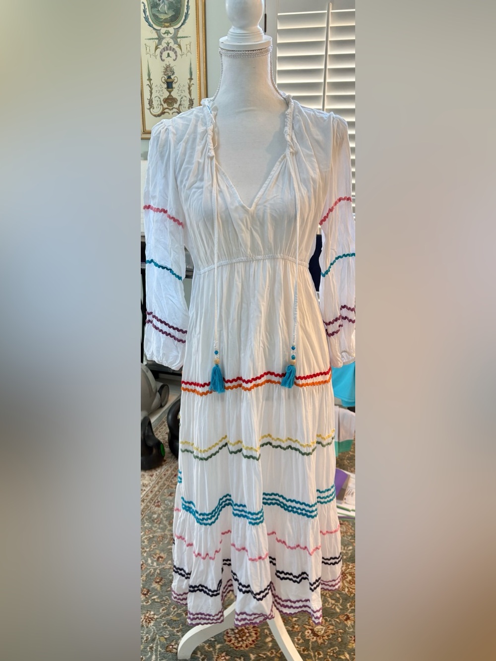 blue island White Boho Dress with Multicolor Trim and Blue Tassels Ric Rac trim
